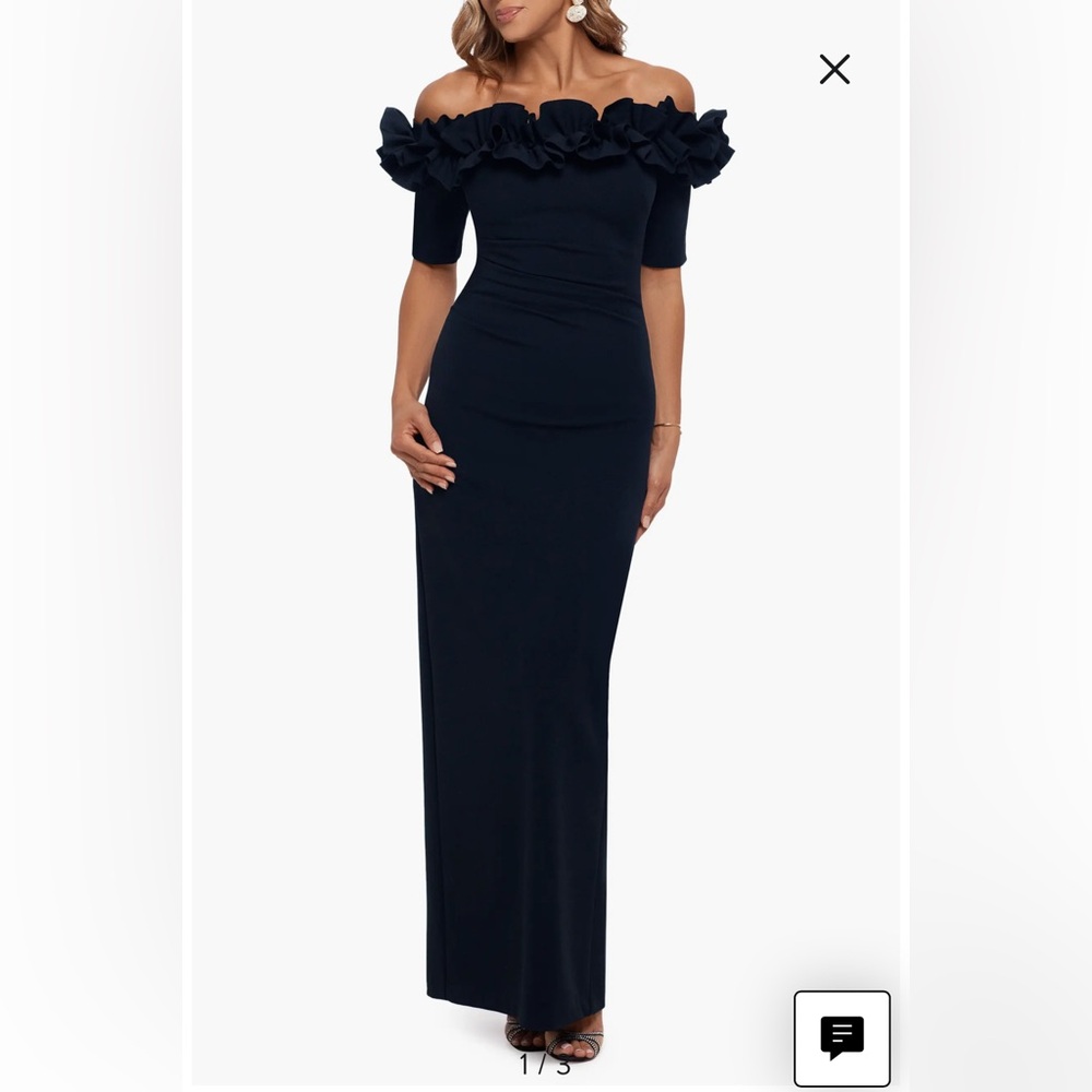 NWT Xscape Navy Off-Shoulder Long Sleeve Dress